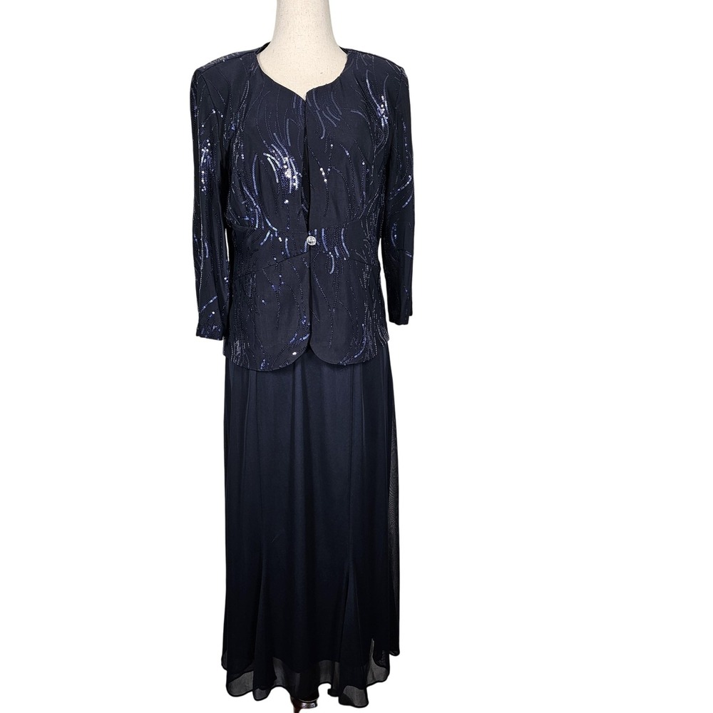 Alex Evenings Dress Womens 6 Navy Blue Sequin 2 Piece Gown Formal Mother Wedding